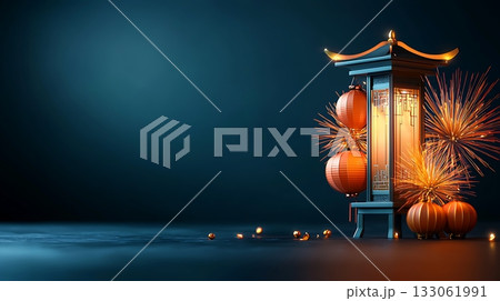 Festive Lantern with Oranges and Fireworks for Celebrating Cultural Festivals and Events Festive Lantern with Oranges and Fireworks for Celebrating Cultural Festivals and Events 133061991