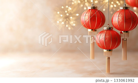 Beautiful Red Lanterns Hanging with Warm Light for Celebrations and Festive Occasions Beautiful Red Lanterns Hanging with Warm Light for Celebrations and Festive Occasions 133061992