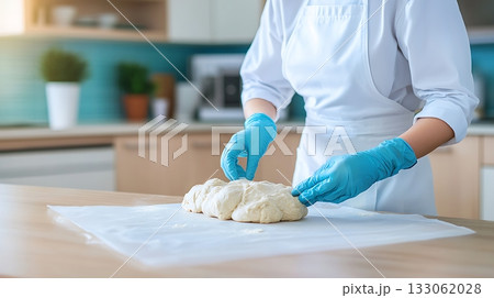 Person Kneading Dough with Blue Gloves in Bright Modern Kitchen Environment 133062028