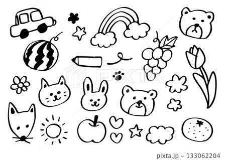 シンプル手描きアイコンセット – 車・動物・果物・花など親しみやすい線画イラスト集 133062204