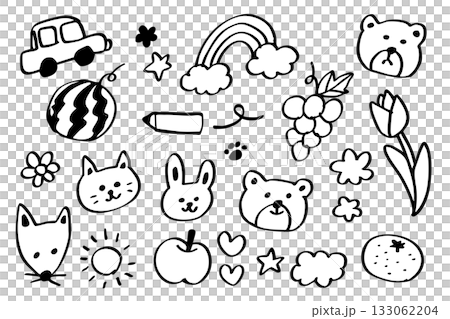 シンプル手描きアイコンセット – 車・動物・果物・花など親しみやすい線画イラスト集 133062204