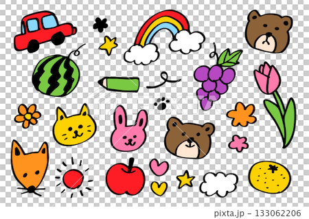 Hand-drawn colorful doodle icon set: Car, animal, fruit, rainbow, flower motif collection 133062206