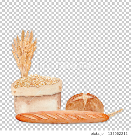 Bread loaf, baguette, grain sack, ear of wheat, Watercolor illustration hand-painted and isolated on white. Perfect for bakery branding, food packaging, kitchen prints, farm design projects. Sourdough 133062211
