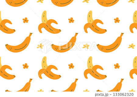 Vector illustration pattern with yellow bananas and tropical fruit elements. Flat cartoon design with fresh fruits, healthy food, summer vibes and organic nutrition theme for fruit collection Vector illustration pattern with yellow bananas and tropical fruit elements. Flat cartoon design with fresh fruits, healthy food, summer vibes and organic nutrition theme for fruit collection 133062320