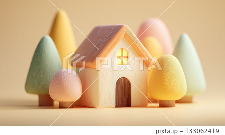 ぬくもりを感じる積み木の家が佇むシンプルな世界　おもちゃの温かいミニチュア景観 133062419