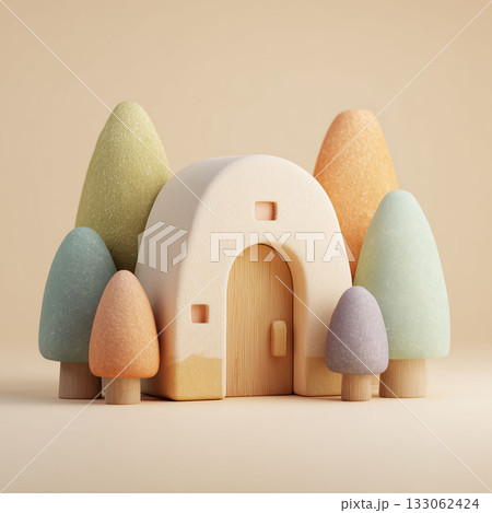 積み木で表現された小さな家の温かなたたずまい　童話のようなやさしいおもちゃ風景 133062424