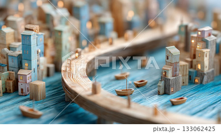 積み木で作られた街を川がゆったりと流れ小さな橋がかかる風景　おもちゃの世界が広がる温かみのあるミニチ 133062425