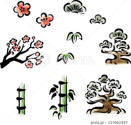 松竹梅のイラストセット　手描き　 日本画　墨絵　水墨画　手書き　和風　和柄　モダン　飾り　素材 133062897
