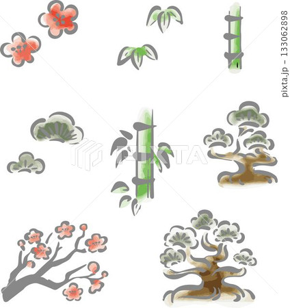 松竹梅のイラストセット 手描き 日本画 墨絵 水墨画 手書き 和風 和柄 モダン 飾り 素材 松竹梅のイラストセット 手描き 日本画 墨絵 水墨画 手書き 和風 和柄 モダン 飾り 素材 133062898