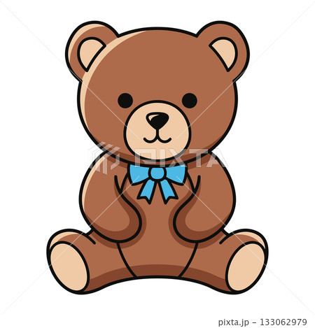 Charming Cartoon Brown Teddy Bear Toy Vector Icon with Blue Bow Tie for Baby Shower Design 133062979
