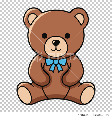 Charming Cartoon Brown Teddy Bear Toy Vector Icon with Blue Bow Tie for Baby Shower Design 133062979