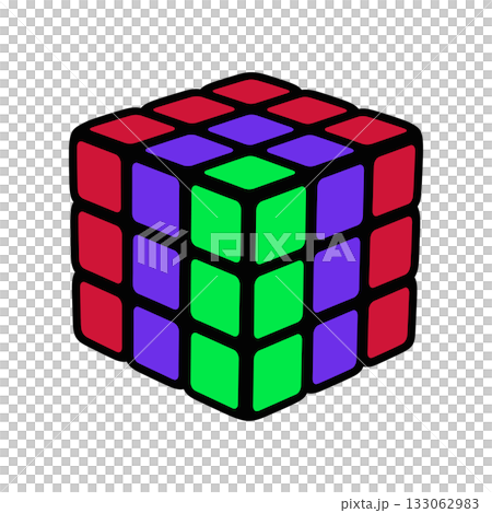 Vibrant geometric vector Rubik's cube puzzle game icon illustration in red, purple, and green 133062983