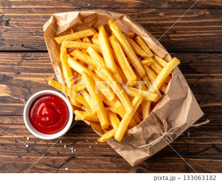French Fries in Brown Paper Bag with Tomato Sauce 133063182