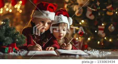Children Writing Christmas Letters by Tree Lights. Generative ai Children Writing Christmas Letters by Tree Lights. Generative ai 133063434