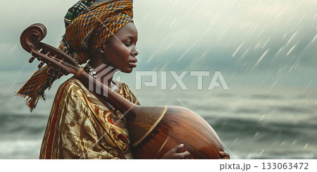African Woman in Traditional Attire Playing Kora in the Rain. Generative ai 133063472