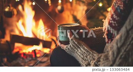 Cozy Winter Evening with a Cup of Hot Beverage. Generative ai 133063484