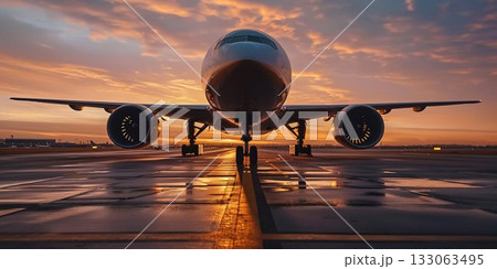 Sunset Takeoff: Airplane on Runway. Generative ai Sunset Takeoff: Airplane on Runway. Generative ai 133063495