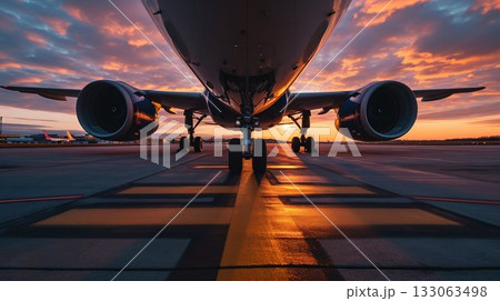 Sunset Takeoff: Airplane on Runway. Generative ai Sunset Takeoff: Airplane on Runway. Generative ai 133063498