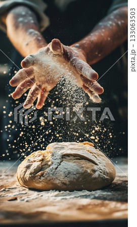 Artisan Baker Preparing Fresh Bread with Flour Dusting. Generative ai Artisan Baker Preparing Fresh Bread with Flour Dusting. Generative ai 133063503