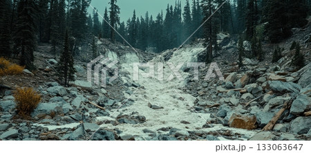 Winter Landscape: Snowy Valley with Boulders and Evergreen Trees on Gloomy Day Winter Landscape: Snowy Valley with Boulders and Evergreen Trees on Gloomy Day 133063647