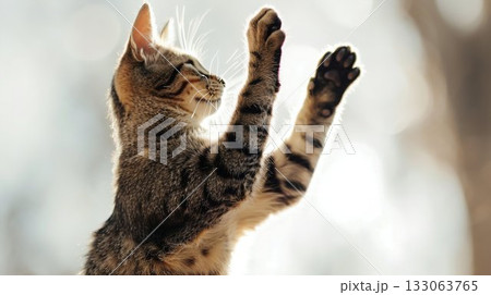 Graceful Cat Reaching Upward. Generative ai 133063765