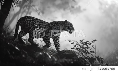 Majestic Leopard Emerging from the Mist. Generative ai Majestic Leopard Emerging from the Mist. Generative ai 133063766