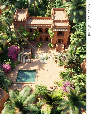 Aerial view of a luxury desert villa with swimming pool oasis Aerial view of a luxury desert villa with swimming pool oasis 133063985