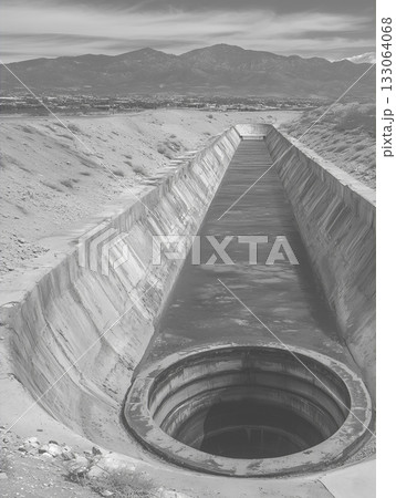 Waterway Engineering: Concrete Channel Leading to a Large Circular Drain Structure 133064068