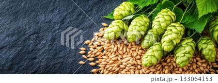 Fresh green hops and grains on dark stone background, beer brewing ingredients. 133064153