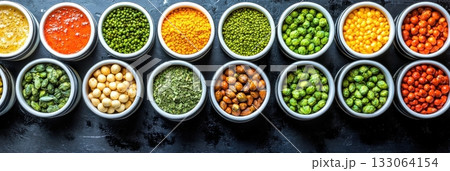 Colorful array of dried legumes and grains in bowls on dark backdrop 133064154