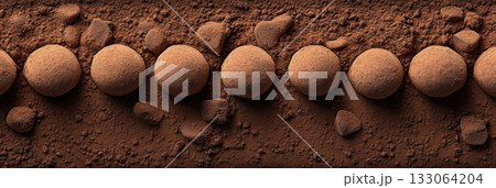 Delicious chocolate truffle balls arranged in a row on dark cocoa powder Delicious chocolate truffle balls arranged in a row on dark cocoa powder 133064204