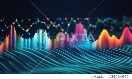 Vibrant Audio Spectrum Visualization with Oscillating Lines and Glowing Point Graph. 133064435
