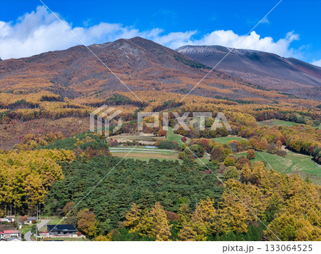 浅間山山麓の美しい紅葉と剣ヶ峰・冠雪した前掛山　長野県御代田町（ドローンによる空撮） 133064525