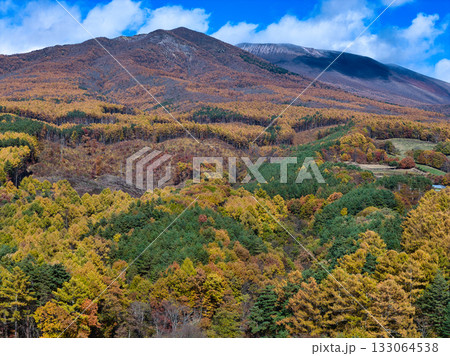 浅間山山麓の美しい紅葉と剣ヶ峰・冠雪した前掛山 長野県御代田町(ドローンによる空撮) 浅間山山麓の美しい紅葉と剣ヶ峰・冠雪した前掛山 長野県御代田町(ドローンによる空撮) 133064538