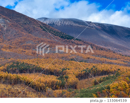 浅間山山麓の美しい紅葉と冠雪した前掛山 長野県御代田町(ドローンによる空撮) 浅間山山麓の美しい紅葉と冠雪した前掛山 長野県御代田町(ドローンによる空撮) 133064539