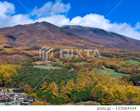 浅間山山麓の美しい紅葉と剣ヶ峰・冠雪した前掛山 長野県御代田町(ドローンによる空撮) 浅間山山麓の美しい紅葉と剣ヶ峰・冠雪した前掛山 長野県御代田町(ドローンによる空撮) 133064544