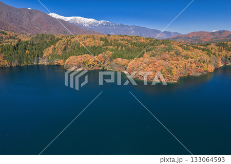 紅葉に包まれた青木湖と冠雪した白馬連峰　長野県大町市（ドローンによる空撮） 133064593