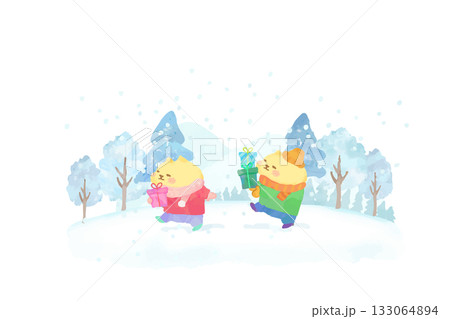 プレゼントを持って歩くかわいい猫 水彩イラスト素材 プレゼントを持って歩くかわいい猫 水彩イラスト素材 133064894