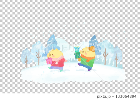 プレゼントを持って歩くかわいい猫 水彩イラスト素材 プレゼントを持って歩くかわいい猫 水彩イラスト素材 133064894