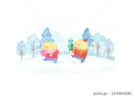 クリスマスプレゼントを持って歩くかわいい猫　水彩イラスト素材 133064895