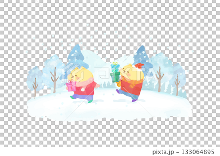 クリスマスプレゼントを持って歩くかわいい猫　水彩イラスト素材 133064895