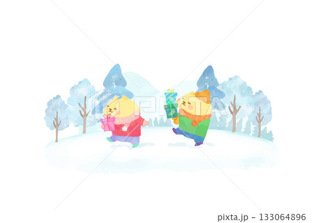 プレゼントを持って歩くかわいい猫 水彩イラスト素材 プレゼントを持って歩くかわいい猫 水彩イラスト素材 133064896