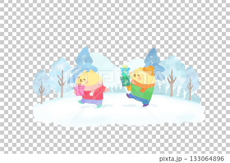 プレゼントを持って歩くかわいい猫 水彩イラスト素材 プレゼントを持って歩くかわいい猫 水彩イラスト素材 133064896