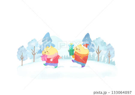 クリスマスプレゼントを持って歩くかわいい猫　水彩イラスト素材 133064897