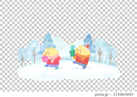 クリスマスプレゼントを持って歩くかわいい猫　水彩イラスト素材 133064897