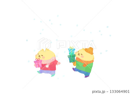 プレゼントを持って歩くかわいい猫　水彩イラスト素材 133064901
