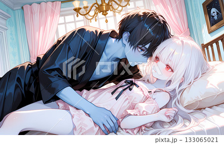 アルビノの少女とゾンビになった碧眼の恋人。横長動画のサムネイルにも使える漫画風のAIイラスト アルビノの少女とゾンビになった碧眼の恋人。横長動画のサムネイルにも使える漫画風のAIイラスト 133065021