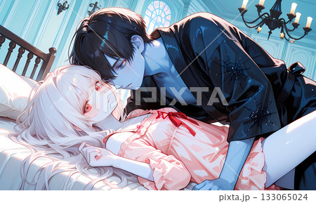 アルビノの少女とゾンビになった碧眼の恋人。横長動画のサムネイルにも使える漫画風のAIイラスト アルビノの少女とゾンビになった碧眼の恋人。横長動画のサムネイルにも使える漫画風のAIイラスト 133065024