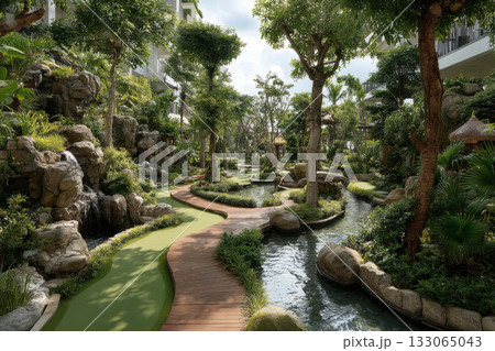 Landscape design of a private property in the tropics. Mini river and mini golf course. Landscape design of a private property in the tropics. Mini river and mini golf course. 133065043