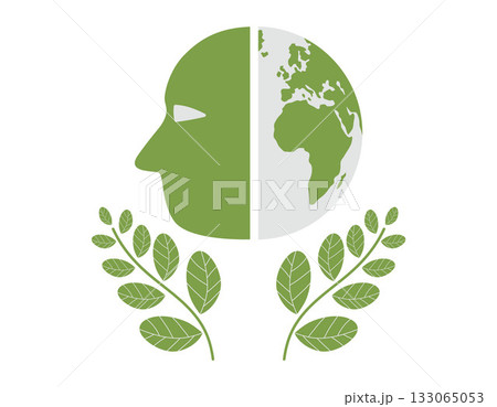 Bouquet of leaves holding head and green earth saving, environmental problem on white background. Vector design illustration. 133065053